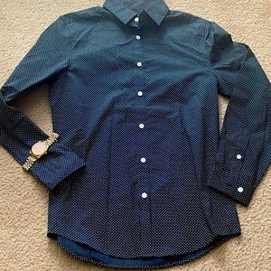 Blue with white dots, dress shirt.